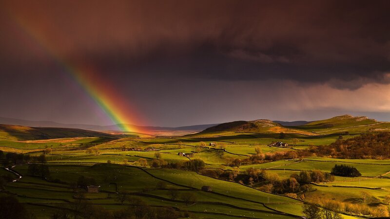 Rainbow over Green Hills — Dramatic, Afternoon, Photograph, Fields, Clouds, Brown