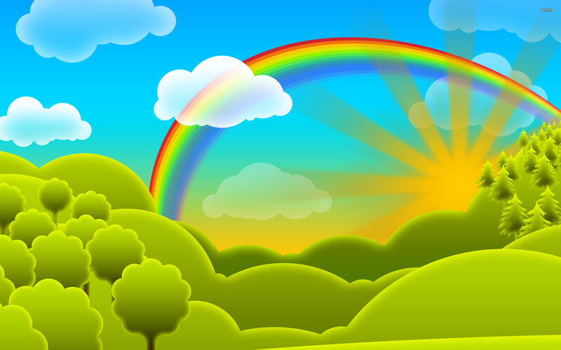 Rainbow over Green Hills — Serene, Afternoon, Digital Art, Clouds