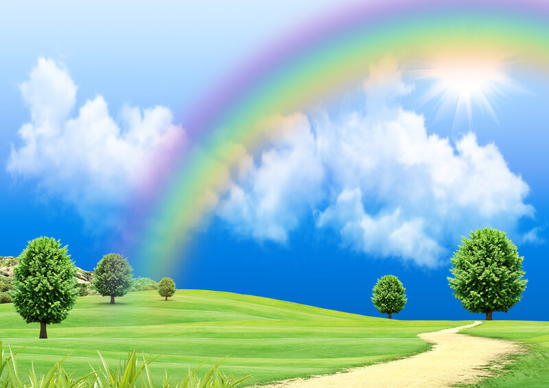 Rainbow over Green Hills — Serene, Afternoon, Digital Art