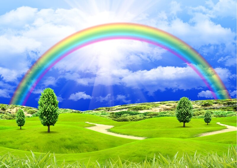 Rainbow over Green Hills — Serene, Afternoon, Digital Art, Trees