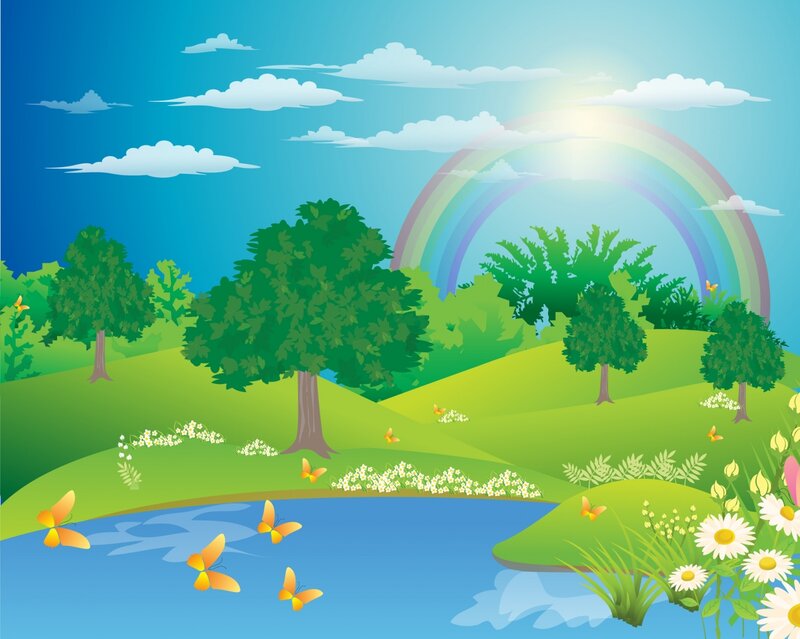 Rainbow over Green Hills — Serene, Afternoon, Illustration
