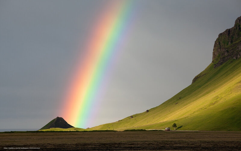 Rainbow over Green Hills — Serene, Afternoon, Photograph, Mountain, Hut