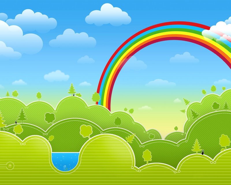 Rainbow over Green Hills — Serene, Afternoon, Vector Art, Clouds, Trees