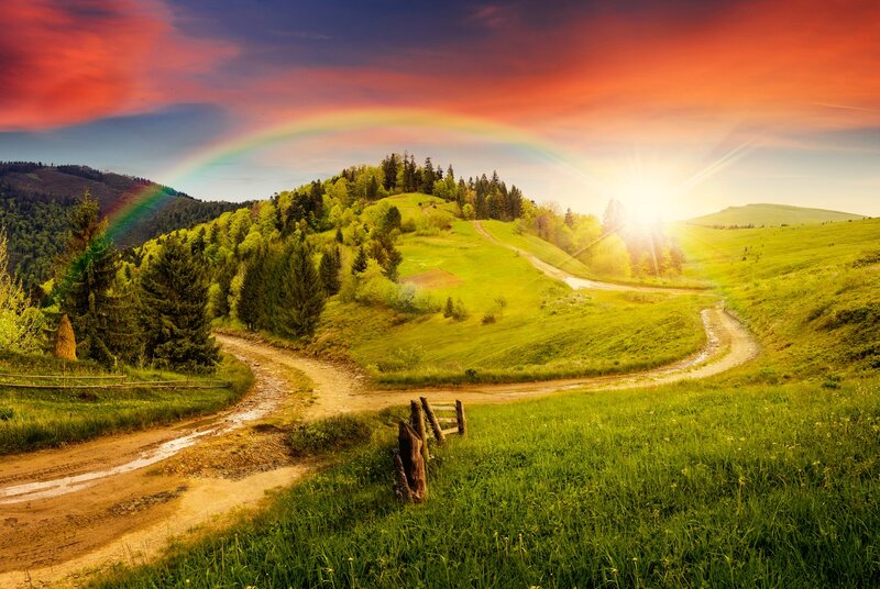 Rainbow over Green Hills — Serene, Sunset, Photograph, Road
