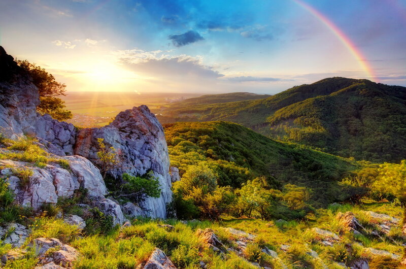 Rainbow over Green Hills — Serene, Sunset, Photograph