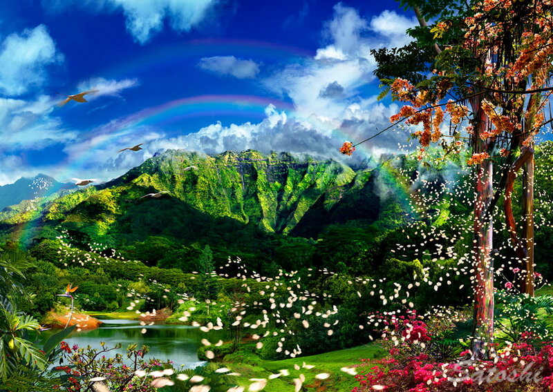 Rainbow over Green Mountains — Serene, Afternoon