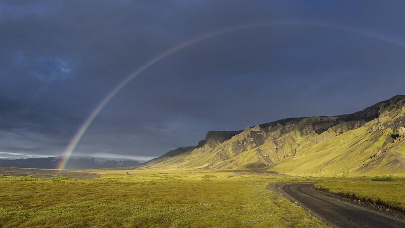 Rainbow over Icelandic landscape