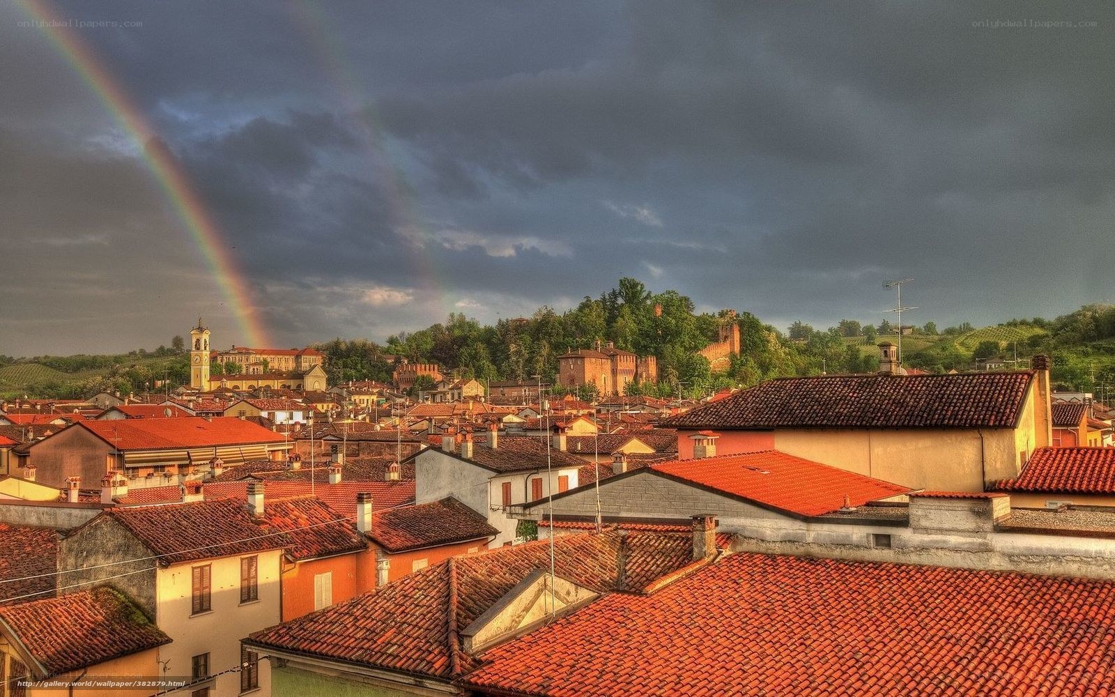 Rainbow over Italian town