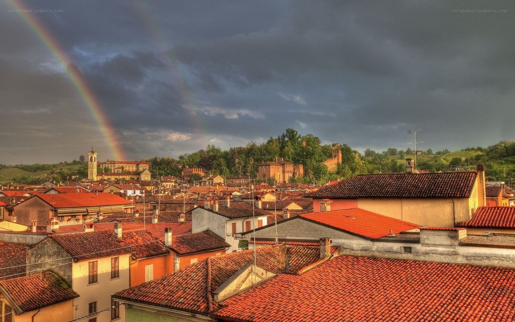 Rainbow over Italian town