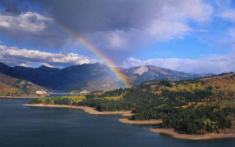Rainbow over Lake and Mountains — Blue, Serene, Autumn