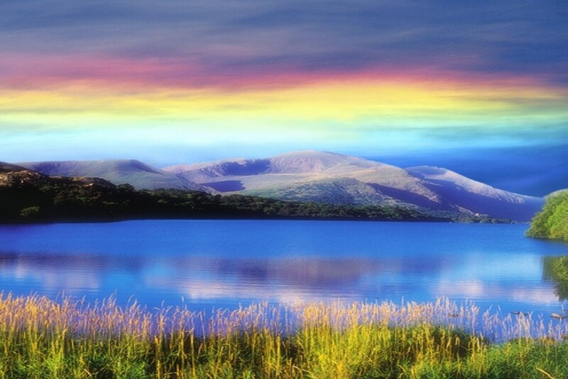Rainbow over Lake and Mountains — Blue, Serene