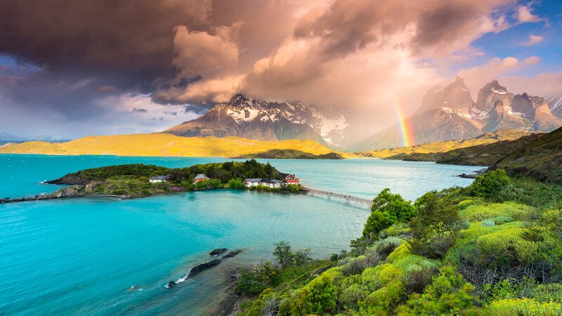 Rainbow over Lake — Blue, Dramatic, Sunset, Photograph, Mountains, Bridge