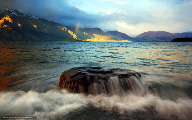 Rainbow over Lake — Blue, Dramatic, Sunset, Photograph, Mountains