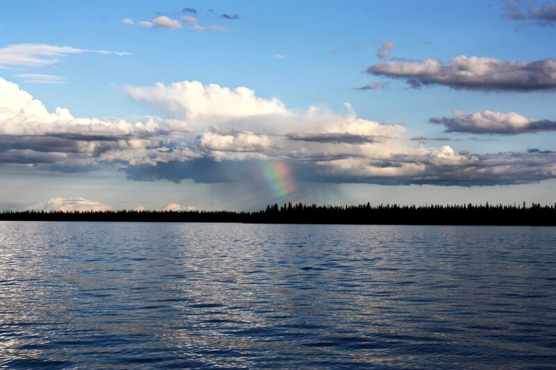 Rainbow over Lake — Blue, Serene, Afternoon, Photograph, Clouds