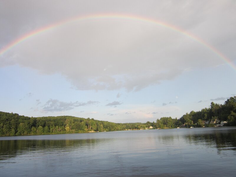 Rainbow over Lake — Blue, Serene, Afternoon, Photograph, Trees