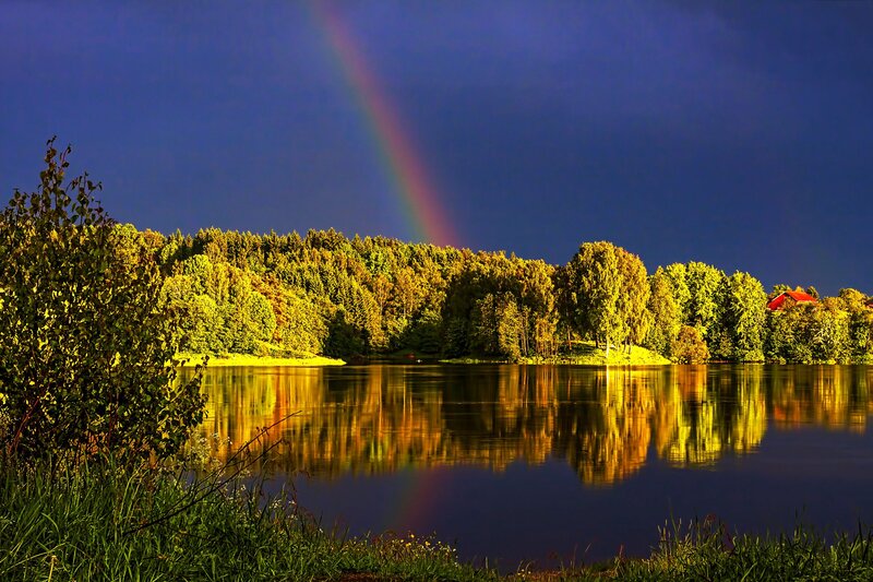 Rainbow over Lake — Blue, Serene, Sunset