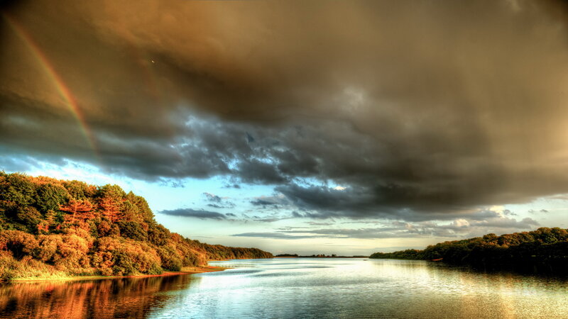 Rainbow over Lake — Brown, Dramatic