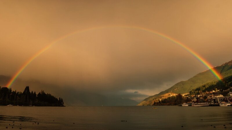 Rainbow over Lake — Orange, Dramatic, Sunset, Photograph, Mountain, Town