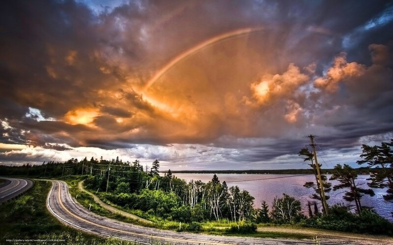 Rainbow over Lake — Orange, Dramatic, Sunset, Photograph, Road