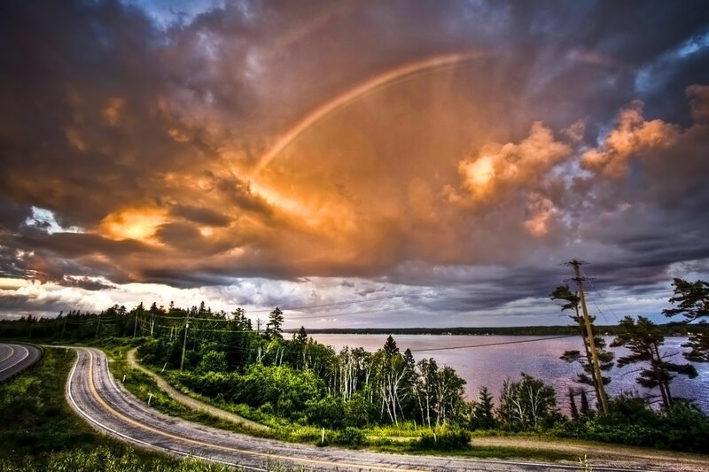 Rainbow over Lake — Orange, Dramatic