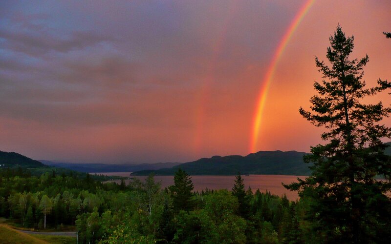 Rainbow over Lake — Orange, Serene, Sunset