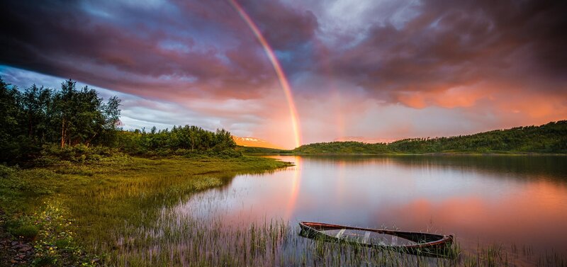 Rainbow over Lake — Purple, Dramatic, Sunset