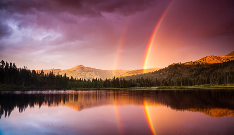 Rainbow over Lake — Purple, Dramatic