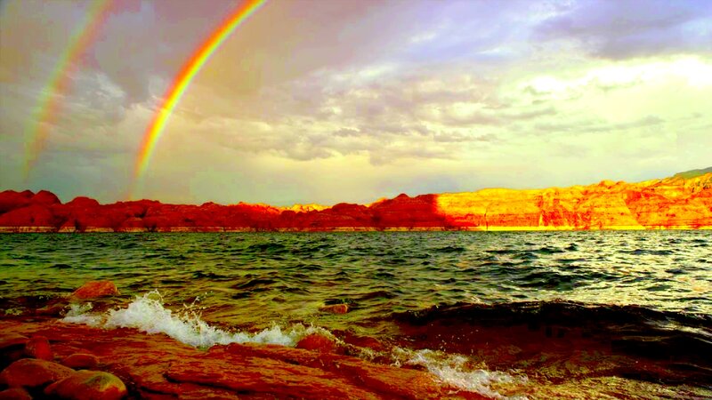 Rainbow over Lake — Red, Dramatic