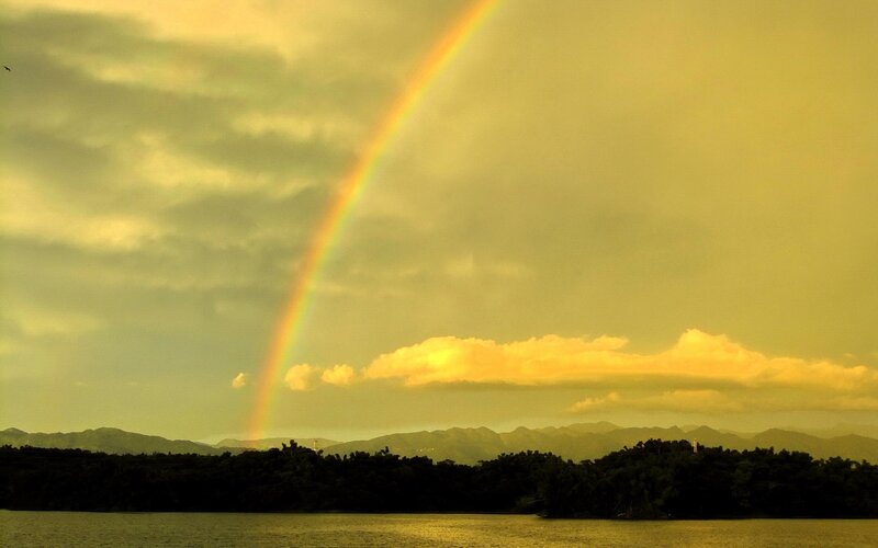 Rainbow over Lake — Yellow, Serene, Sunset