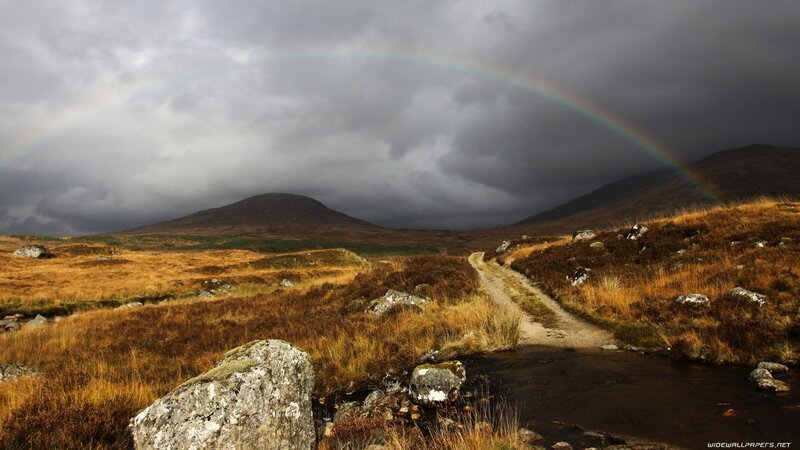 Rainbow over Moorland Path — Gray, Dramatic, Afternoon, Photograph, Mountain