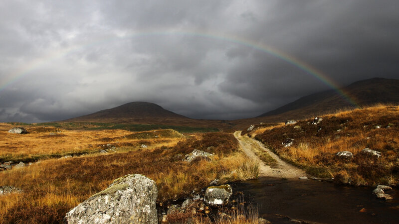 Rainbow over Moorland Path — Gray, Dramatic, Afternoon