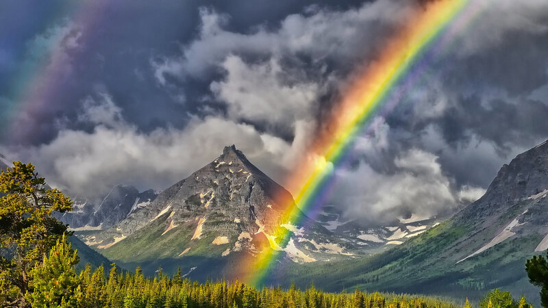 Rainbow over Mountain — Green, Dramatic, Afternoon