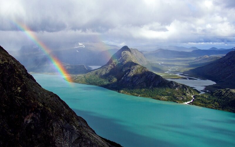 Rainbow over Mountain Lake — Blue, Dramatic, Photograph