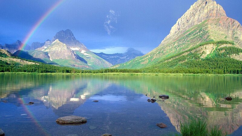 Rainbow over Mountain Lake — Blue, Serene, Afternoon, Photograph, Mountains, Forest, Green