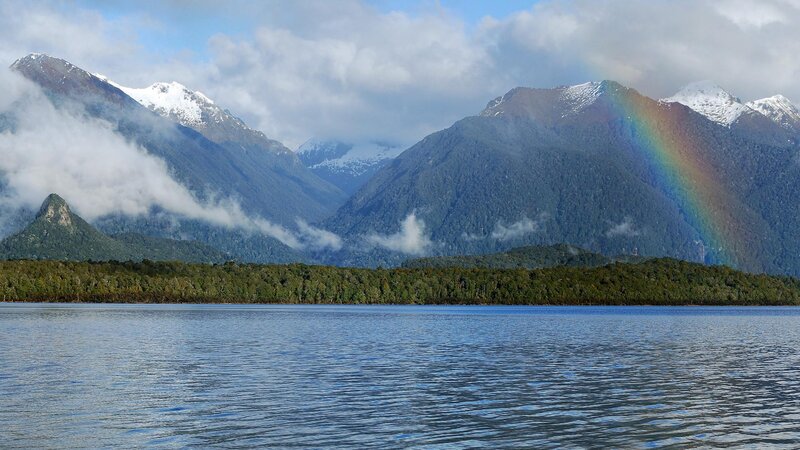 Rainbow over Mountain Lake — Blue, Serene, Afternoon