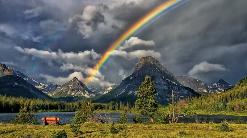 Rainbow over Mountain Lake — Green, Afternoon
