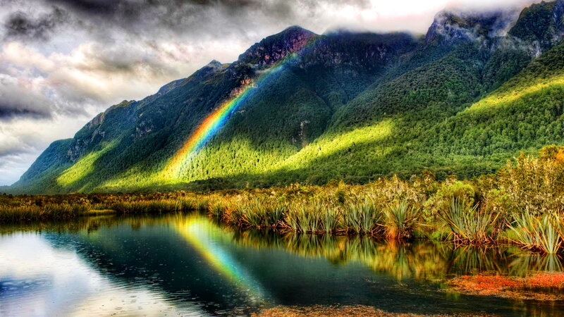Rainbow over Mountain Lake — Green, Dramatic, Afternoon, Photograph, Forest, Clouds