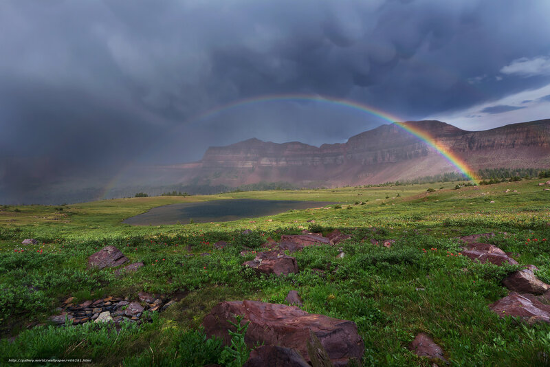 Rainbow over Mountain Lake — Green, Dramatic, Afternoon, Photograph, Grass, Clouds