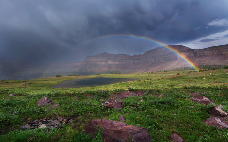Rainbow over Mountain Lake — Green, Dramatic, Afternoon, Photograph, Grass