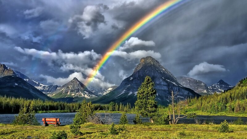 Rainbow over Mountain Lake — Green, Dramatic, Afternoon, Photograph, Mountains, Forest, Bench, Clouds