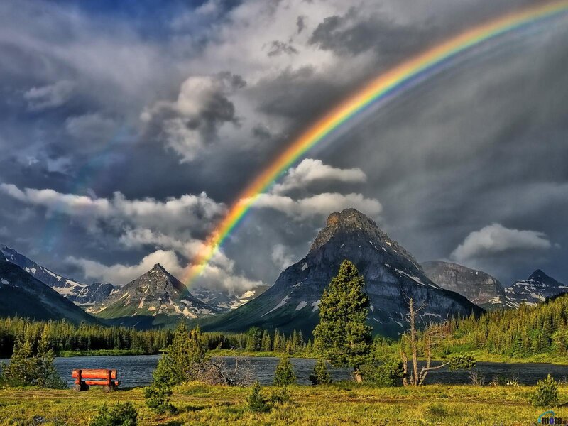 Rainbow over Mountain Lake — Green, Dramatic, Afternoon, Photograph, Mountains, Forest, Bench