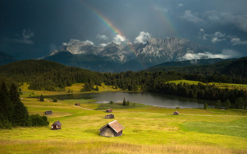 Rainbow over Mountain Lake — Green, Dramatic, Afternoon, Photograph, Mountains