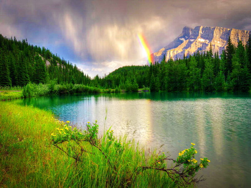 Rainbow over Mountain Lake — Green, Dramatic, Afternoon