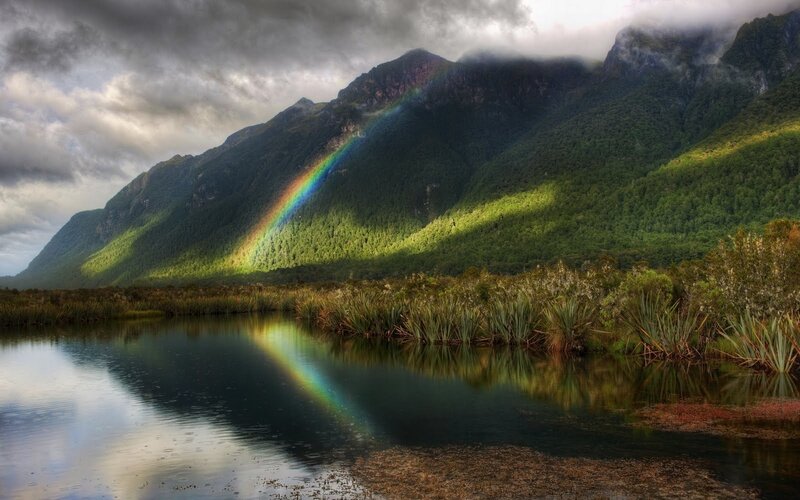 Rainbow over Mountain Lake — Green, Dramatic
