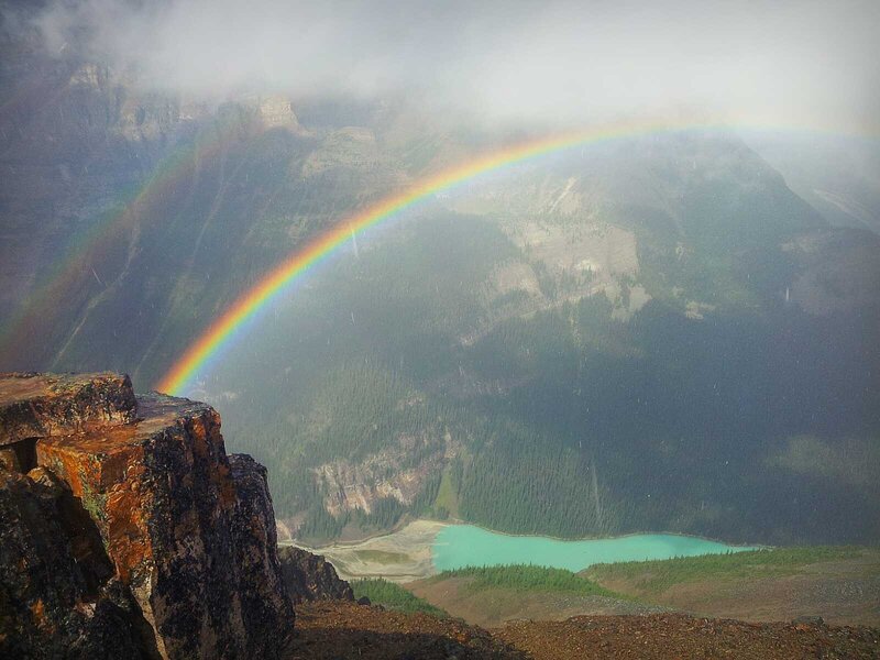 Rainbow over Mountain Lake — Green, Serene, Afternoon, Photograph, Forest