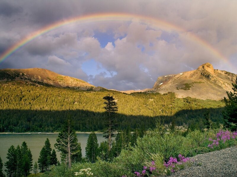 Rainbow over Mountain Lake — Green, Serene, Afternoon, Photograph, Mountains