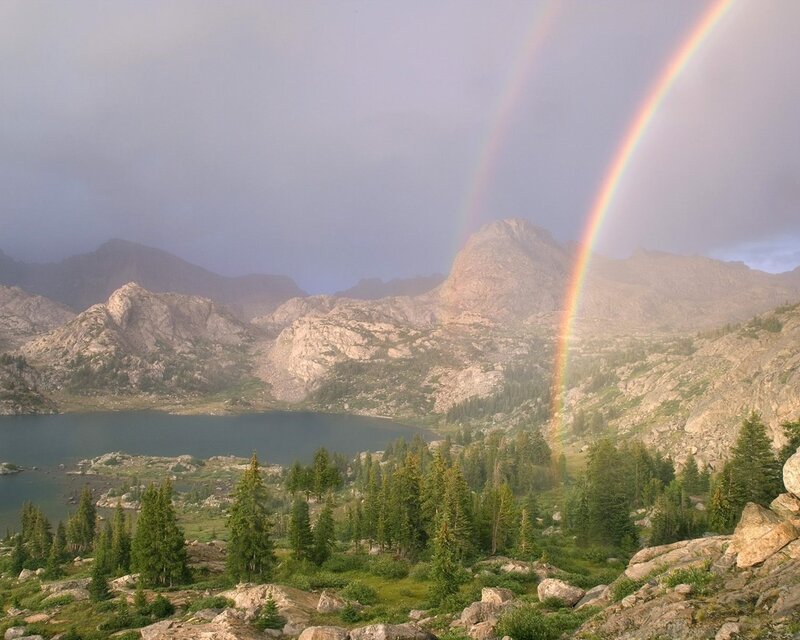 Rainbow over Mountain Lake — Green, Serene, Afternoon