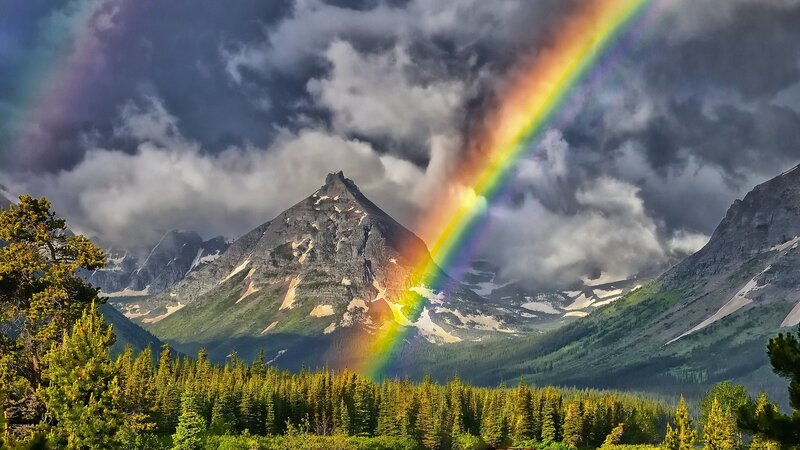 Rainbow over Mountain Peak — Green, Dramatic