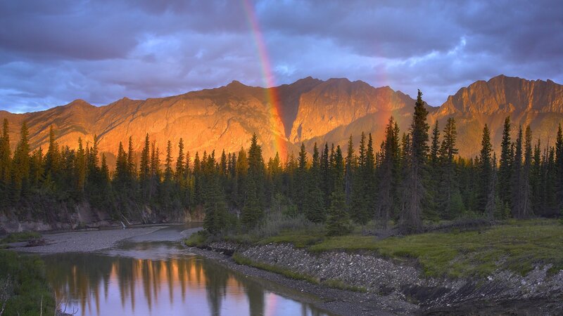 Rainbow over Mountain River — Orange, Dramatic, Sunset