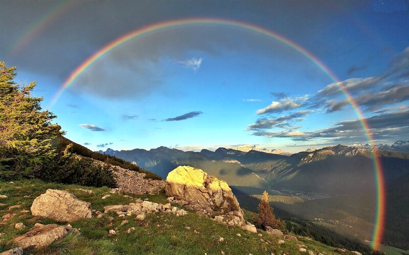 Rainbow over Mountain Valley — Blue, Serene, Afternoon, Photograph